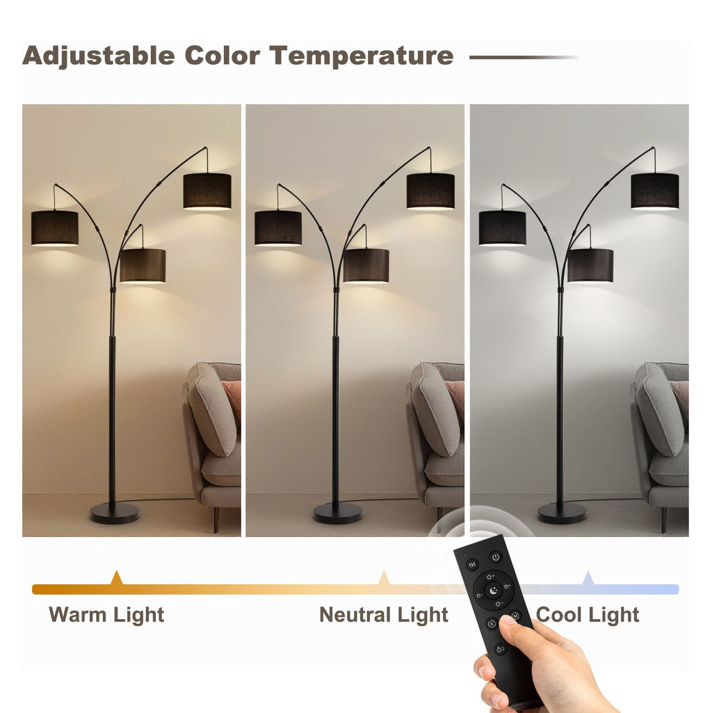 80in Black 3-Light Standard Arched Floor Lamp, Dimmable 3-Color Temperature Remote Control, Stylish Tall Tree Floor Lamps
