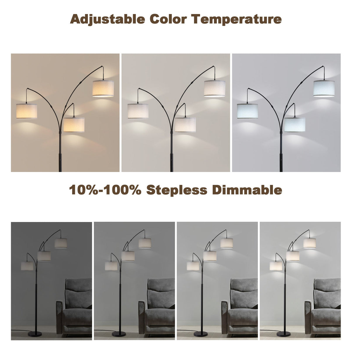 80in. Gray 3-Light Standard Arched Floor Lamp, Dimmable 3-Color Temperature Remote Control, Stylish Tall Tree Floor Lamp