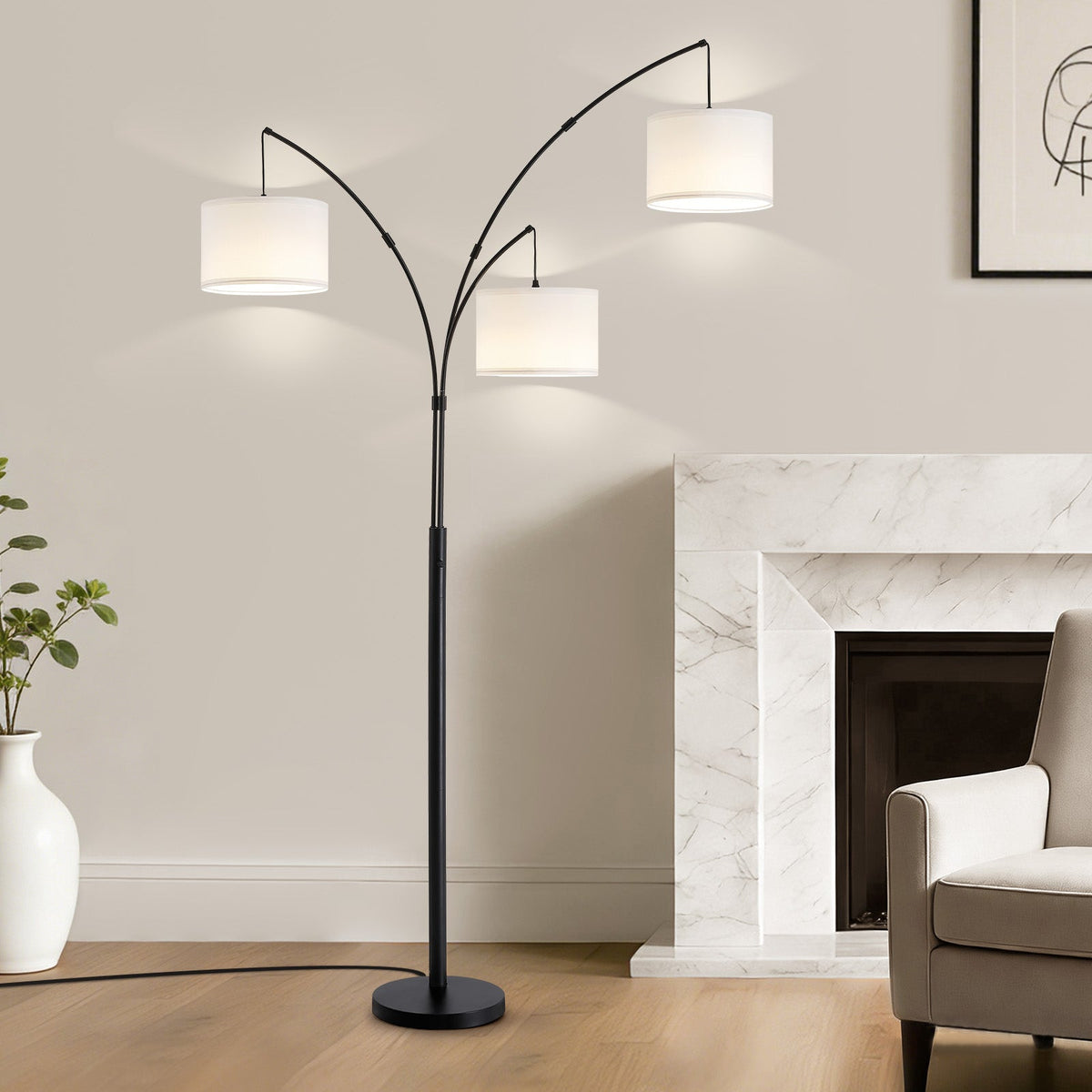 80 in. White 3-Light Arc Floor Lamp, Dimmable, 3-Color Temperature, Remote Control, Stylish Tall Floor Lamp