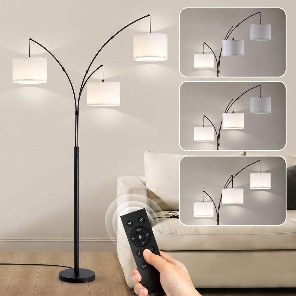 80 in. White 3-Light Arc Floor Lamp, Dimmable, 3-Color Temperature, Remote Control, Stylish Tall Floor Lamp