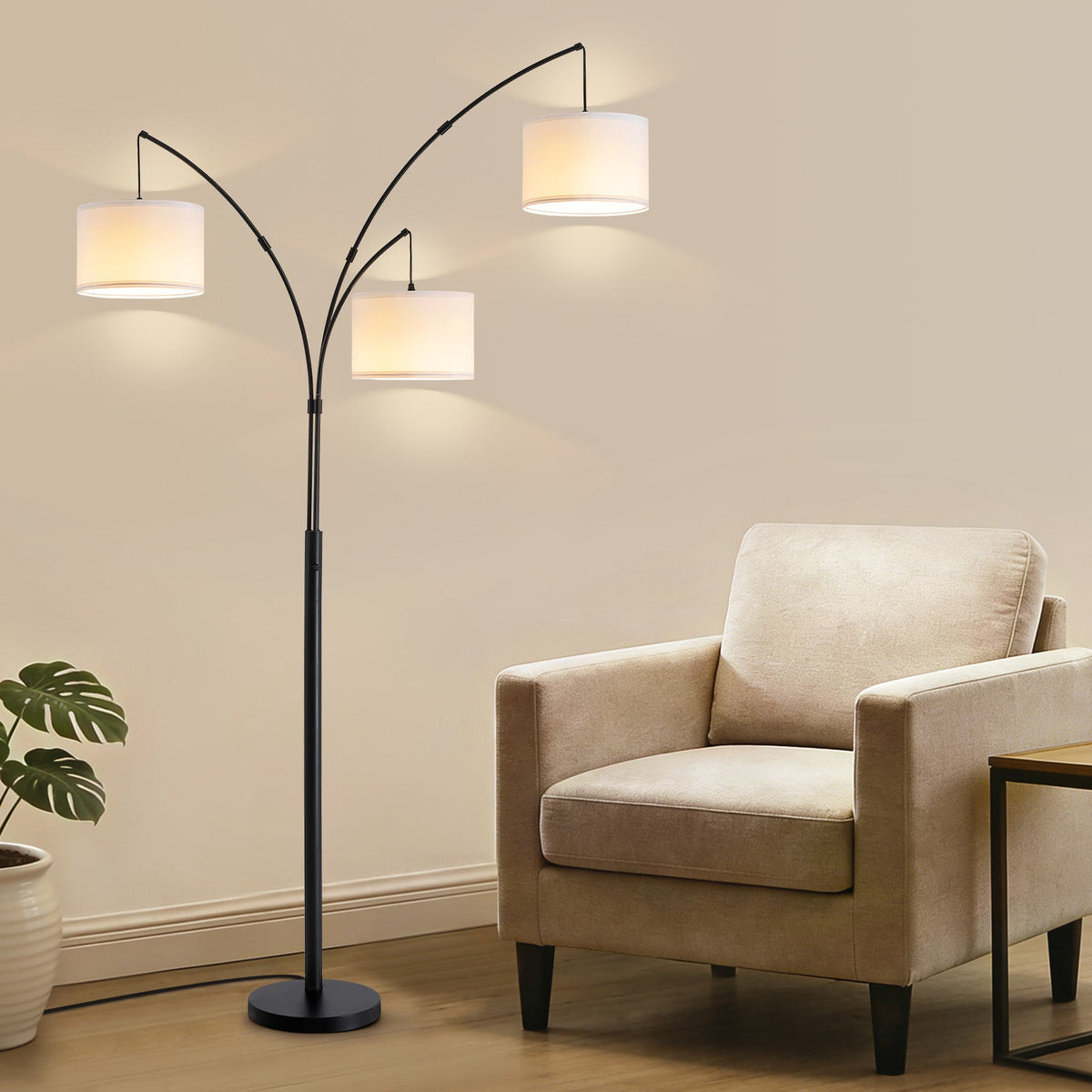 80 in. Black 3-Light Dimmable 3-Color Temperature, Arc Floor Lamp with Remote Control, Modern Tall Standing Lamp