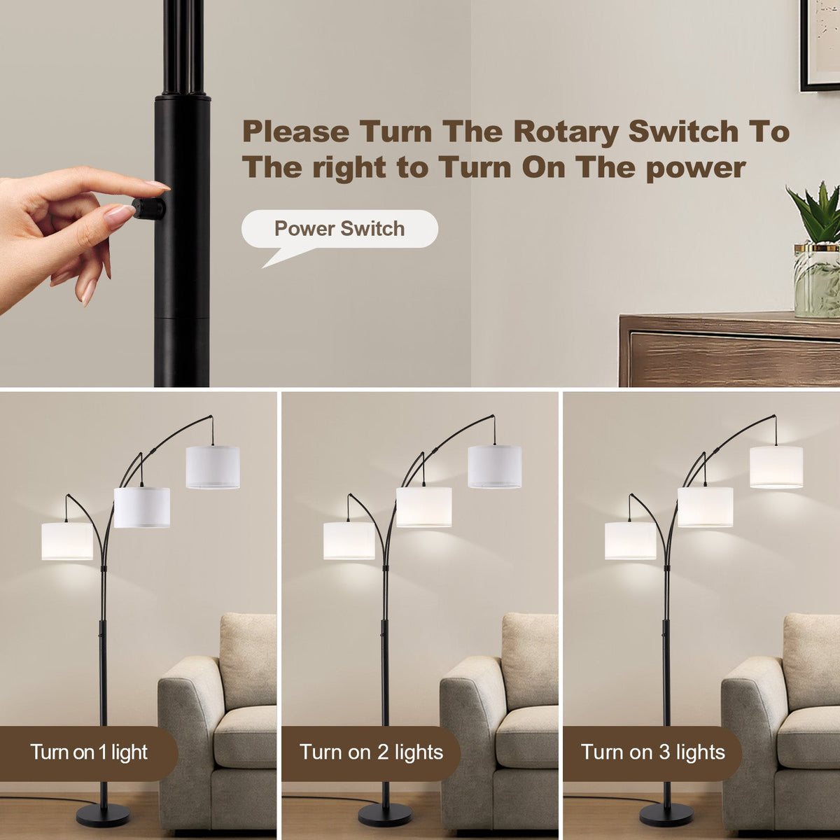 80 in. White 3-Light Arc Floor Lamp, Dimmable, 3-Color Temperature, Remote Control, Stylish Tall Floor Lamp
