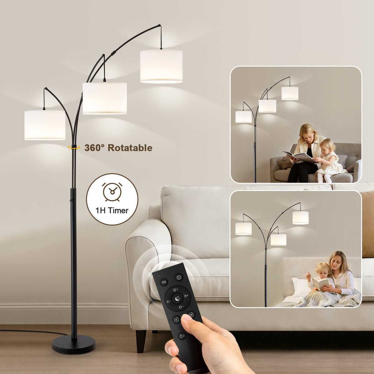 80 in. White 3-Light Arc Floor Lamp, Dimmable, 3-Color Temperature, Remote Control, Stylish Tall Floor Lamp