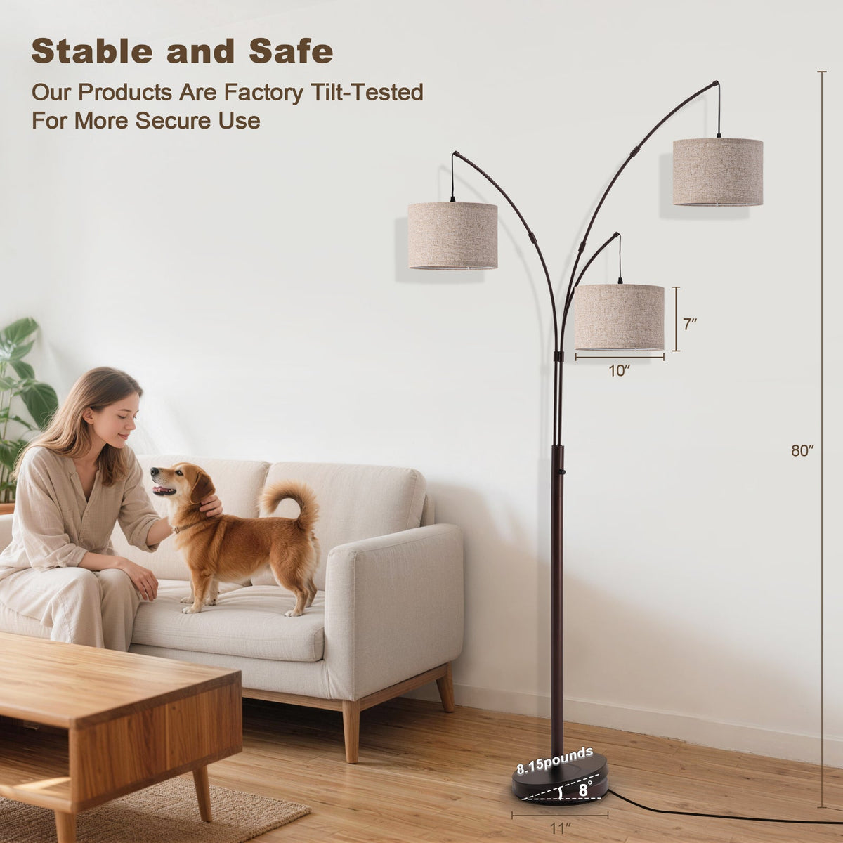 80 in. Black 3-Light Dimmable 3-Color Temperature, Arc Floor Lamp with Remote Control, Modern Tall Standing Lamp