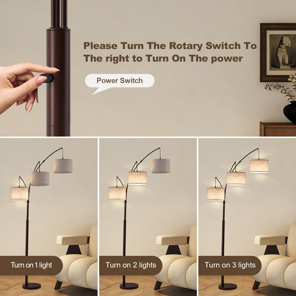 80 in. Black 3-Light Dimmable 3-Color Temperature, Arc Floor Lamp with Remote Control, Modern Tall Standing Lamp