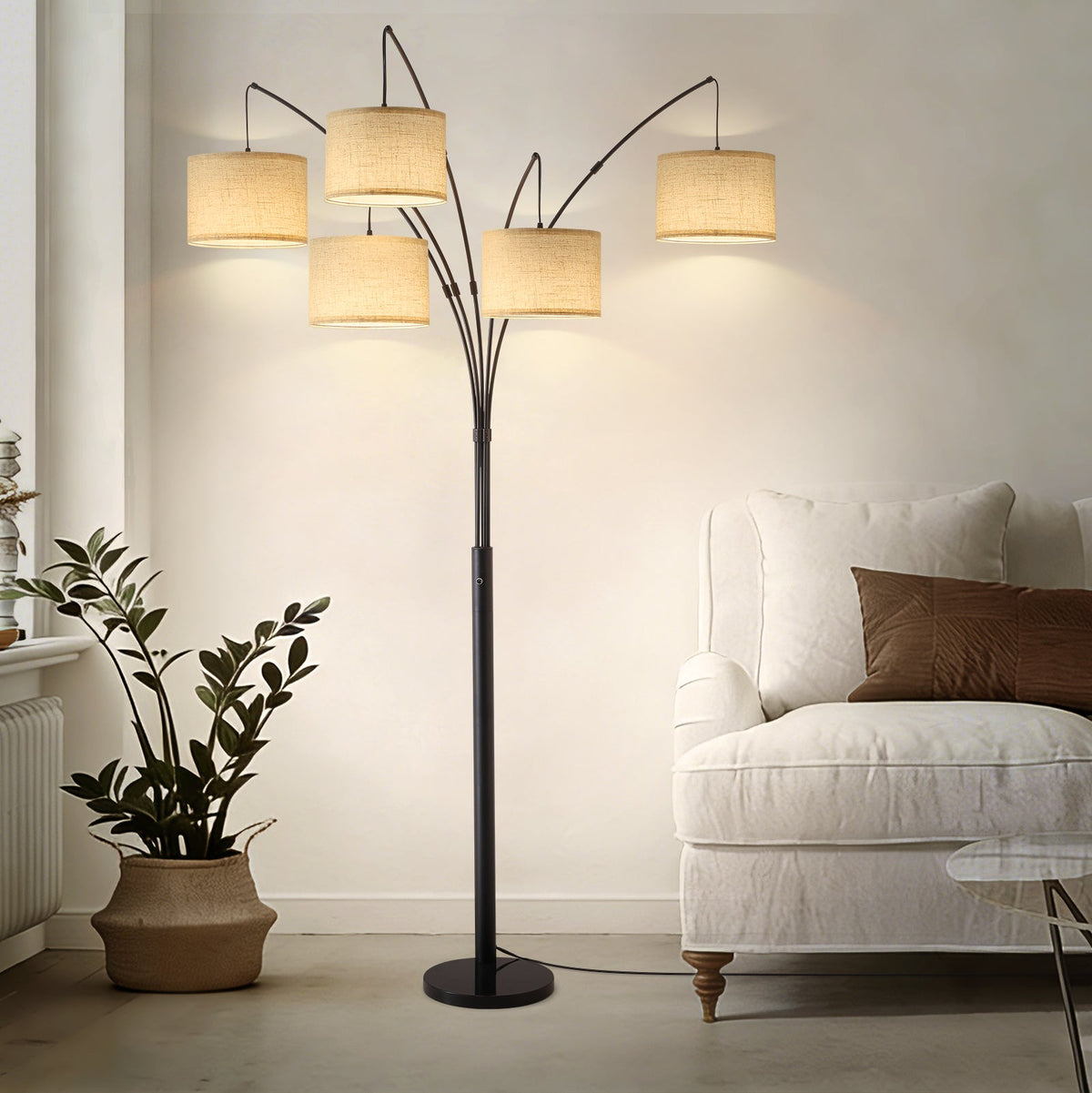 80in Arc Black Modern 5-Light Tall Standing Tree-Style Floor Lamp with Remote, Adjustable Arched Arm, 3-Color Temperature
