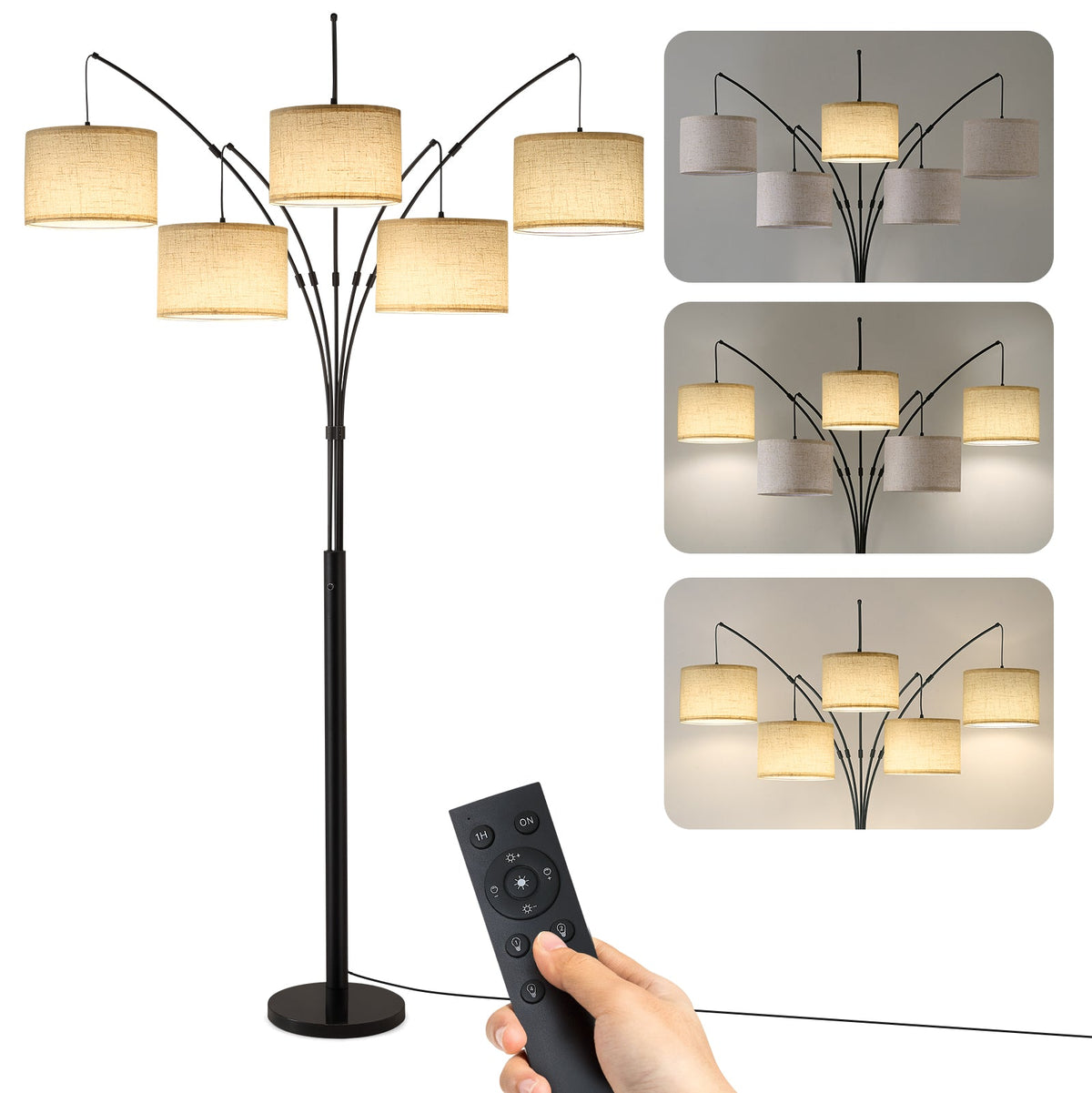 80in Arc Black Modern 5-Light Tall Standing Tree-Style Floor Lamp with Remote, Adjustable Arched Arm, 3-Color Temperature