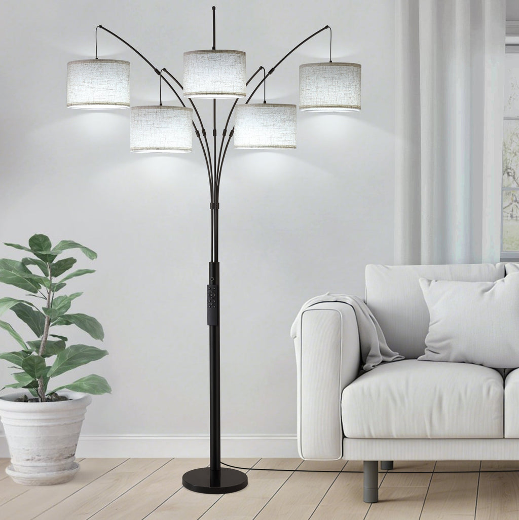 80in Arc Black Modern 5-Light Tall Standing Tree-Style Floor Lamp with Remote, Adjustable Arched Arm, 3-Color Temperature