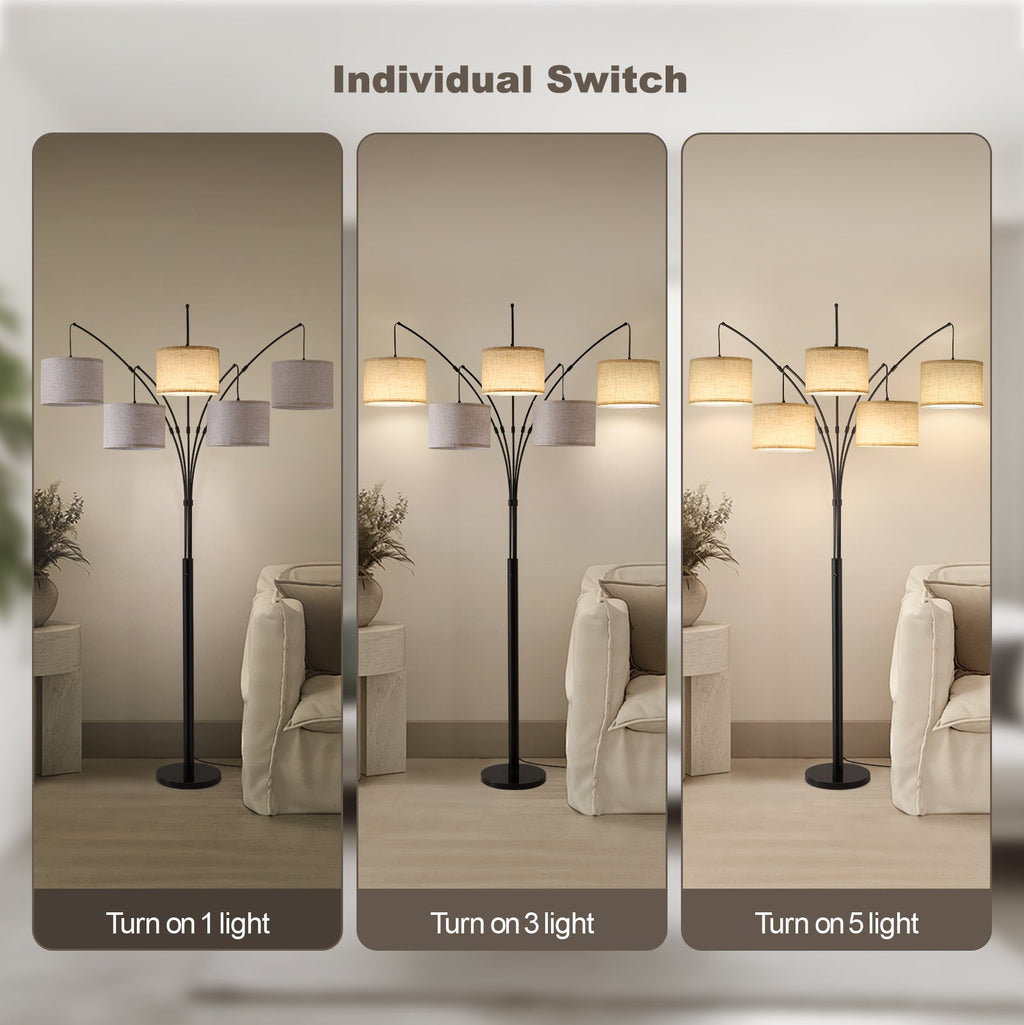 80in Arc Black Modern 5-Light Tall Standing Tree-Style Floor Lamp with Remote, Adjustable Arched Arm, 3-Color Temperature