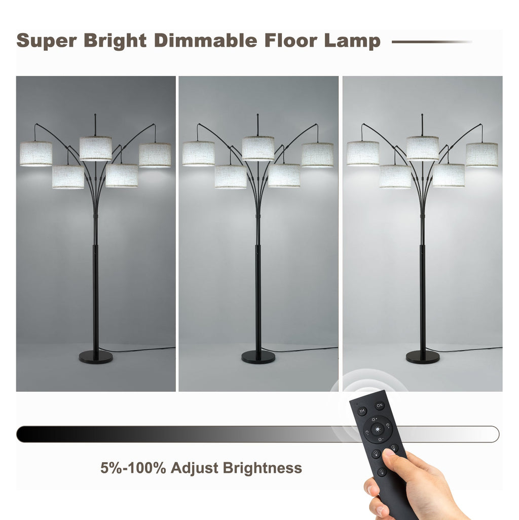 80in Arc Black Modern 5-Light Tall Standing Tree-Style Floor Lamp with Remote, Adjustable Arched Arm, 3-Color Temperature