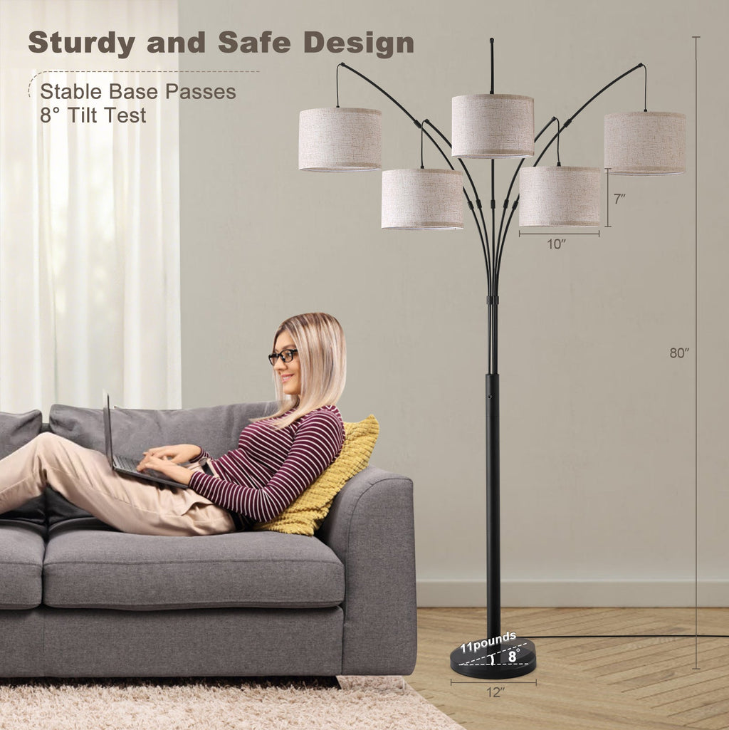 80in Arc Black Modern 5-Light Tall Standing Tree-Style Floor Lamp with Remote, Adjustable Arched Arm, 3-Color Temperature