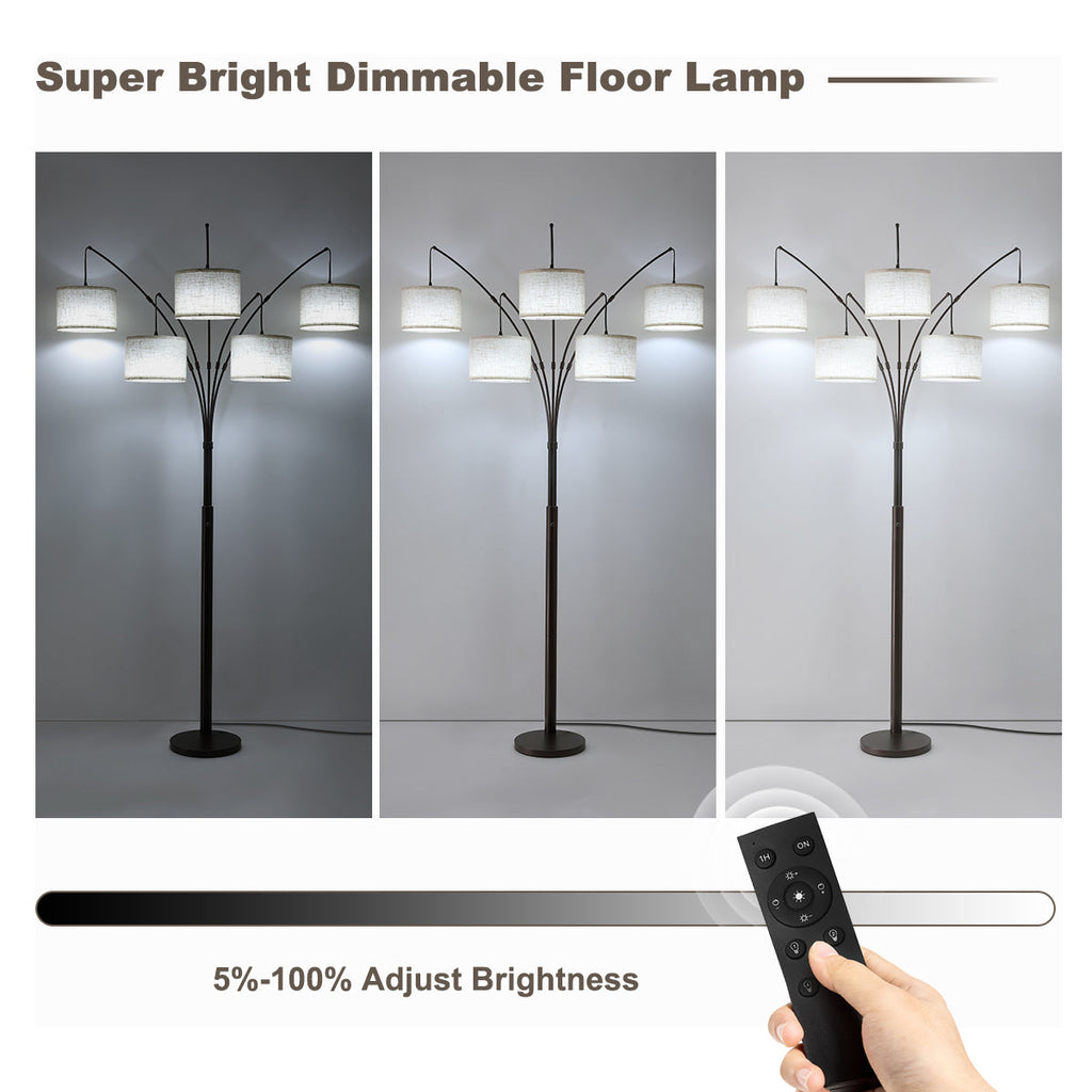 80in Arc Brown Modern 5-Light Tall Standing Tree-Style Floor Lamp with Remote, Adjustable Arched Arm, 3-Color Temperature
