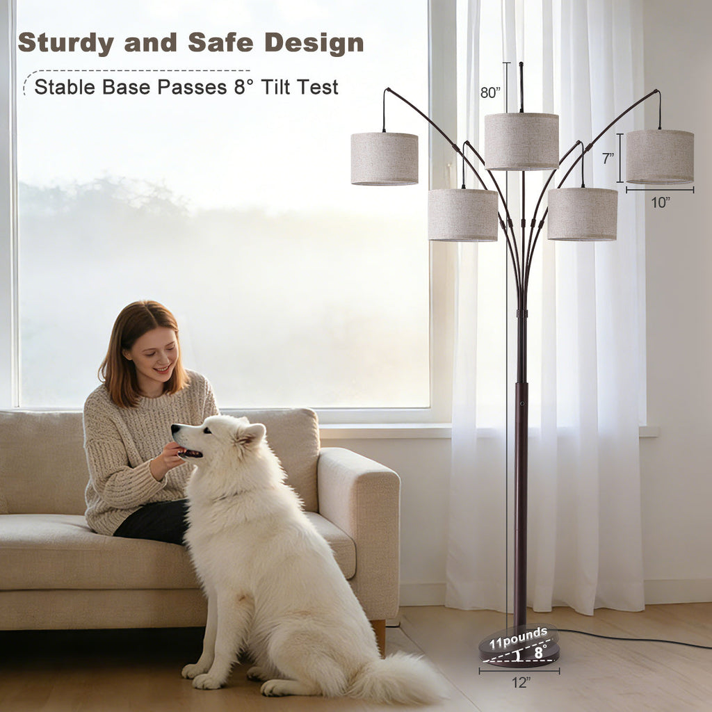 80in Arc Brown Modern 5-Light Tall Standing Tree-Style Floor Lamp with Remote, Adjustable Arched Arm, 3-Color Temperature