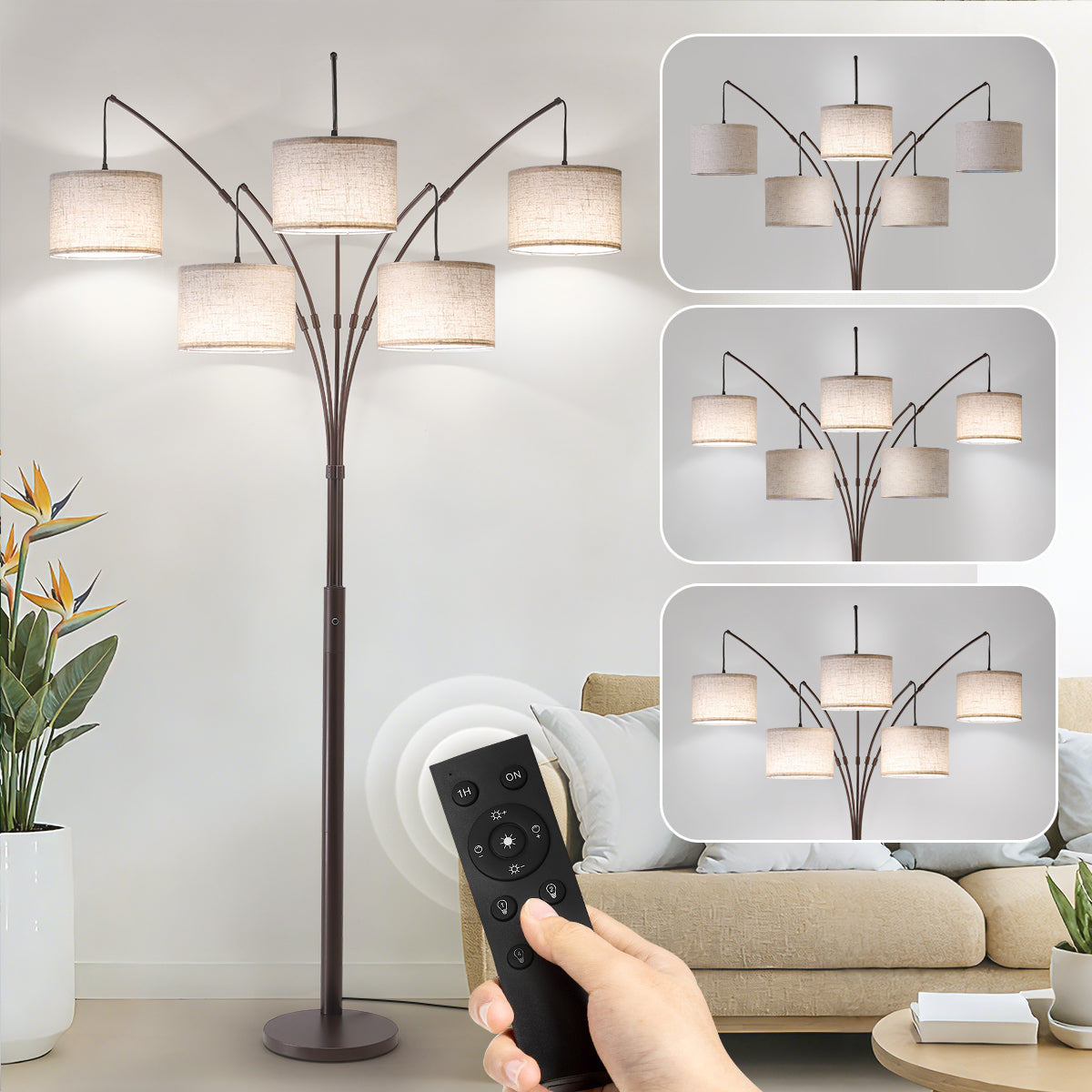 80in Arc Brown Modern 5-Light Tall Standing Tree-Style Floor Lamp with Remote, Adjustable Arched Arm, 3-Color Temperature