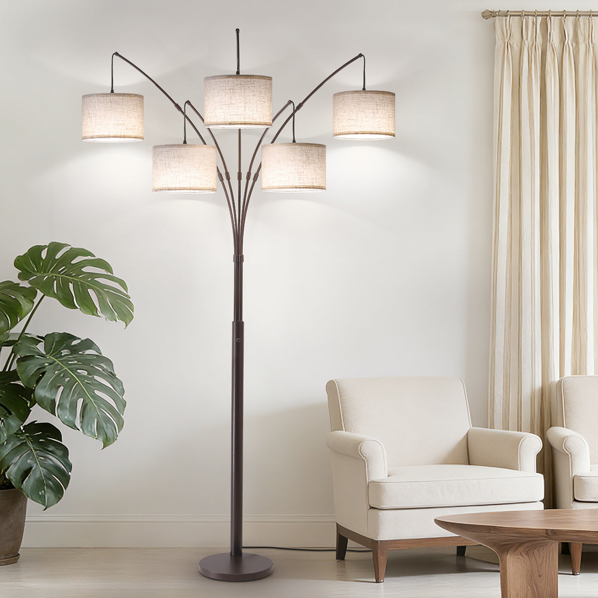 80in Arc Brown Modern 5-Light Tall Standing Tree-Style Floor Lamp with Remote, Adjustable Arched Arm, 3-Color Temperature