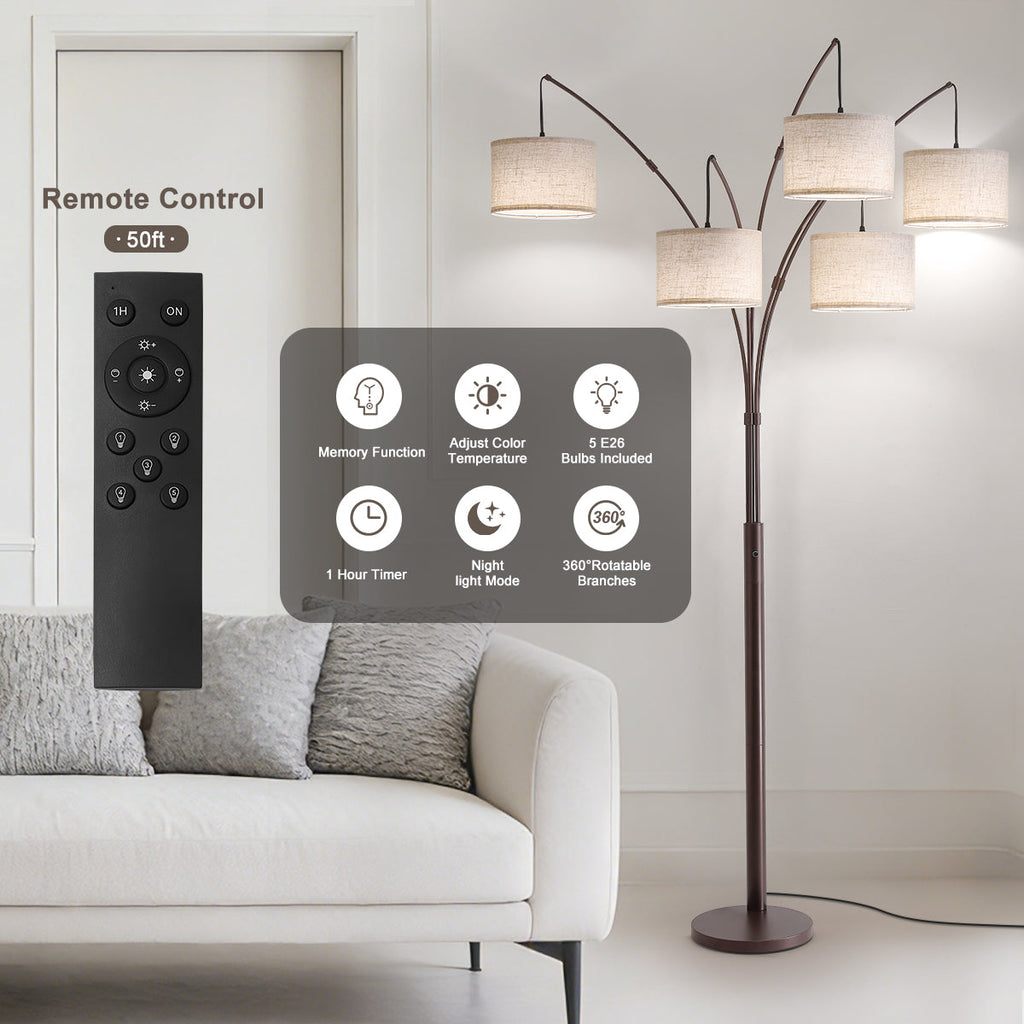 80in Arc Brown Modern 5-Light Tall Standing Tree-Style Floor Lamp with Remote, Adjustable Arched Arm, 3-Color Temperature