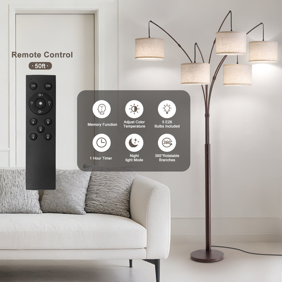80in Arc Brown Modern 5-Light Tall Standing Tree-Style Floor Lamp with Remote, Adjustable Arched Arm, 3-Color Temperature