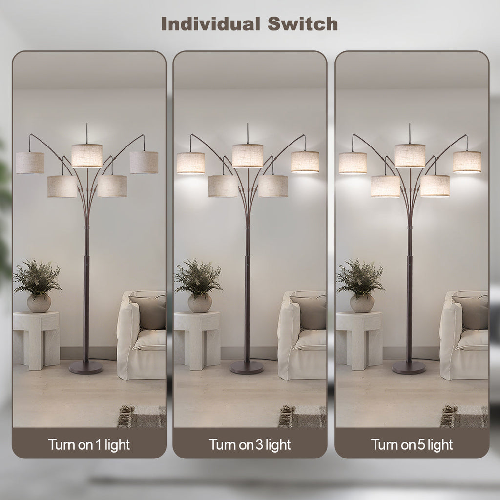 80in Arc Brown Modern 5-Light Tall Standing Tree-Style Floor Lamp with Remote, Adjustable Arched Arm, 3-Color Temperature