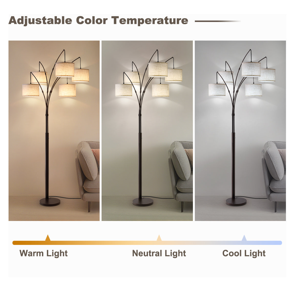 80in Arc Brown Modern 5-Light Tall Standing Tree-Style Floor Lamp with Remote, Adjustable Arched Arm, 3-Color Temperature
