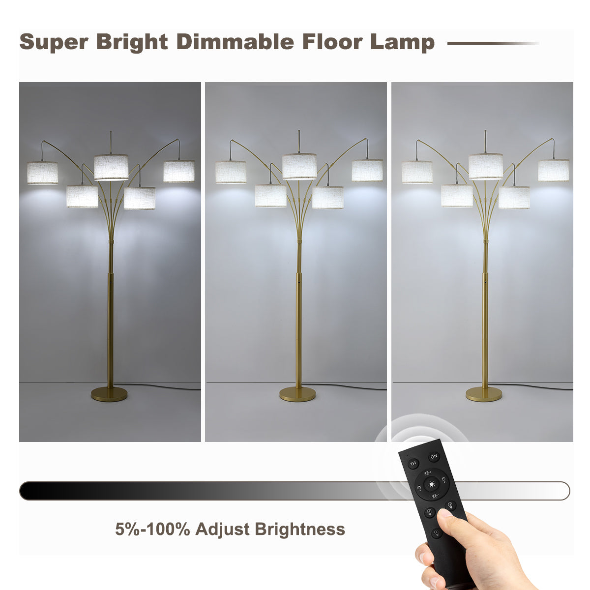 80in Arc Gold Modern 5-Light Tall Standing Tree-Style Floor Lamp with Remote, Adjustable Arched Arm, 3-Color Temperature