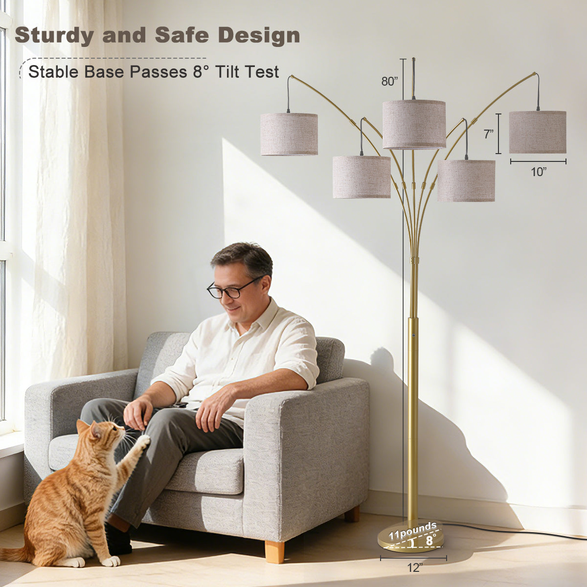 80in Arc Gold Modern 5-Light Tall Standing Tree-Style Floor Lamp with Remote, Adjustable Arched Arm, 3-Color Temperature