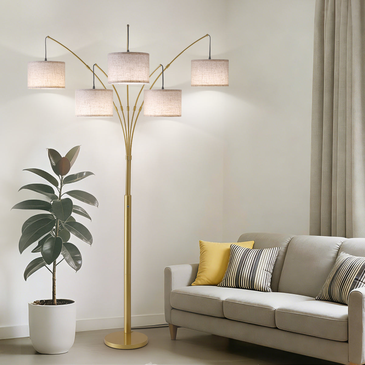 80in Arc Gold Modern 5-Light Tall Standing Tree-Style Floor Lamp with Remote, Adjustable Arched Arm, 3-Color Temperature