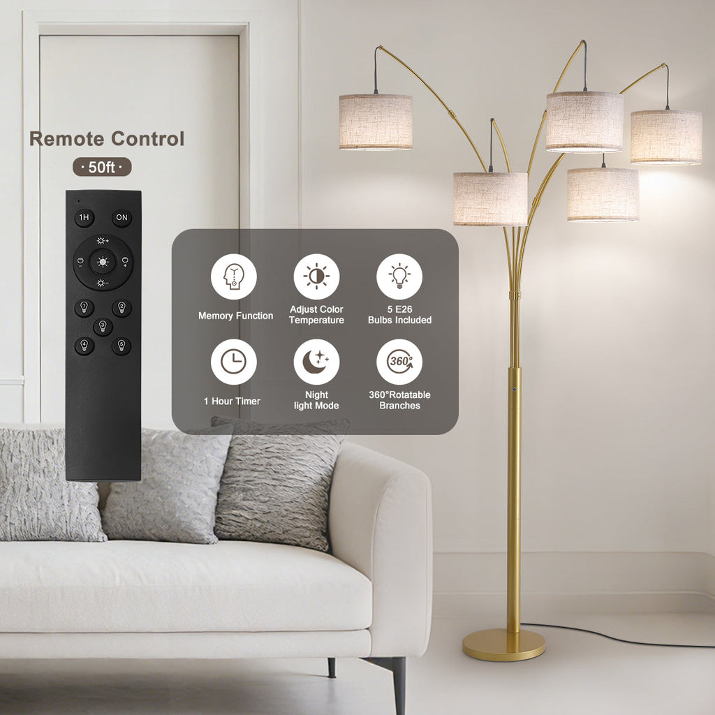 80in Arc Gold Modern 5-Light Tall Standing Tree-Style Floor Lamp with Remote, Adjustable Arched Arm, 3-Color Temperature