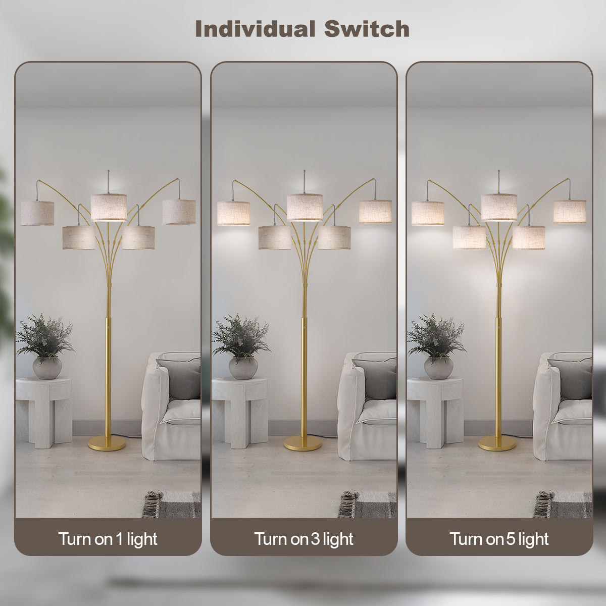 80in Arc Gold Modern 5-Light Tall Standing Tree-Style Floor Lamp with Remote, Adjustable Arched Arm, 3-Color Temperature
