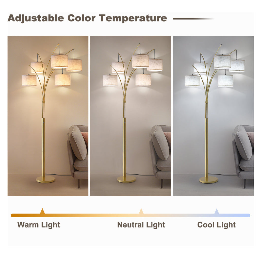 80in Arc Gold Modern 5-Light Tall Standing Tree-Style Floor Lamp with Remote, Adjustable Arched Arm, 3-Color Temperature