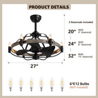 27'' Farmhouse & Vintage Ceiling Fan with Light Remote Control, Rustic Chandelier Fan