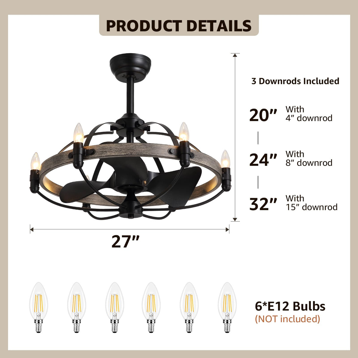 27'' Farmhouse & Vintage Ceiling Fan with Light Remote Control, Rustic Chandelier Fan