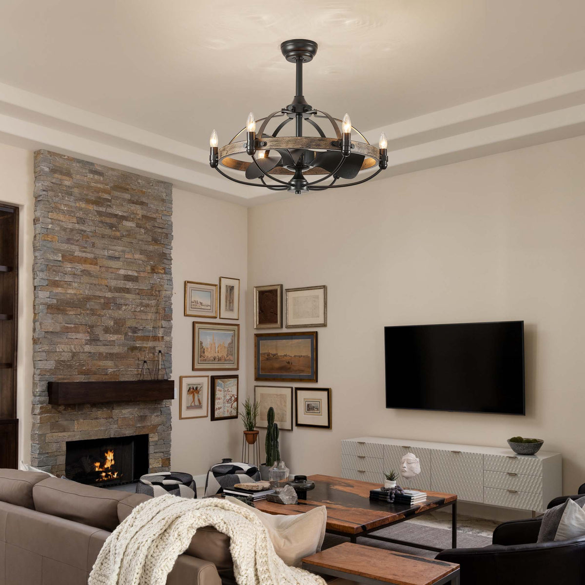 27'' Farmhouse & Vintage Ceiling Fan with Light Remote Control, Rustic Chandelier Fan