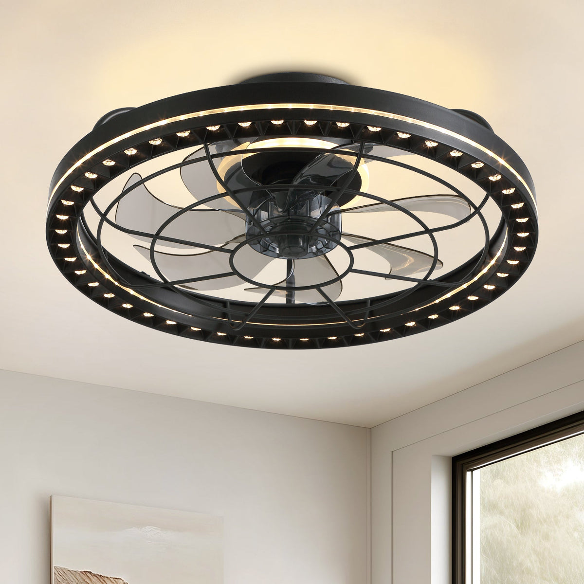 19" Indoor Black Low Profile Caged Ceiling Fan with Lights and Remote