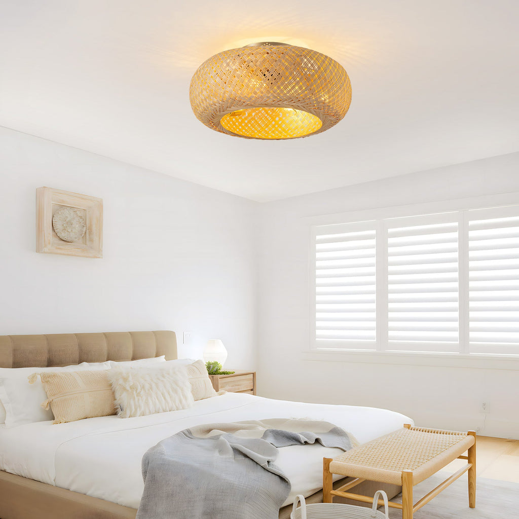 Bobo 20 in. Indoor Hand-Woven Bamboo Gold Drum Low Profile Ceiling Fan with Remote Included with Bulbs Not Included
