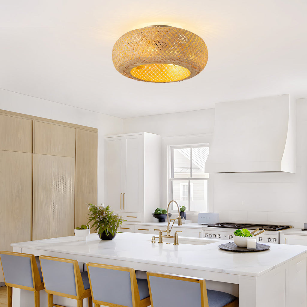 Bobo 20 in. Indoor Hand-Woven Bamboo Gold Drum Low Profile Ceiling Fan with Remote Included with Bulbs Not Included