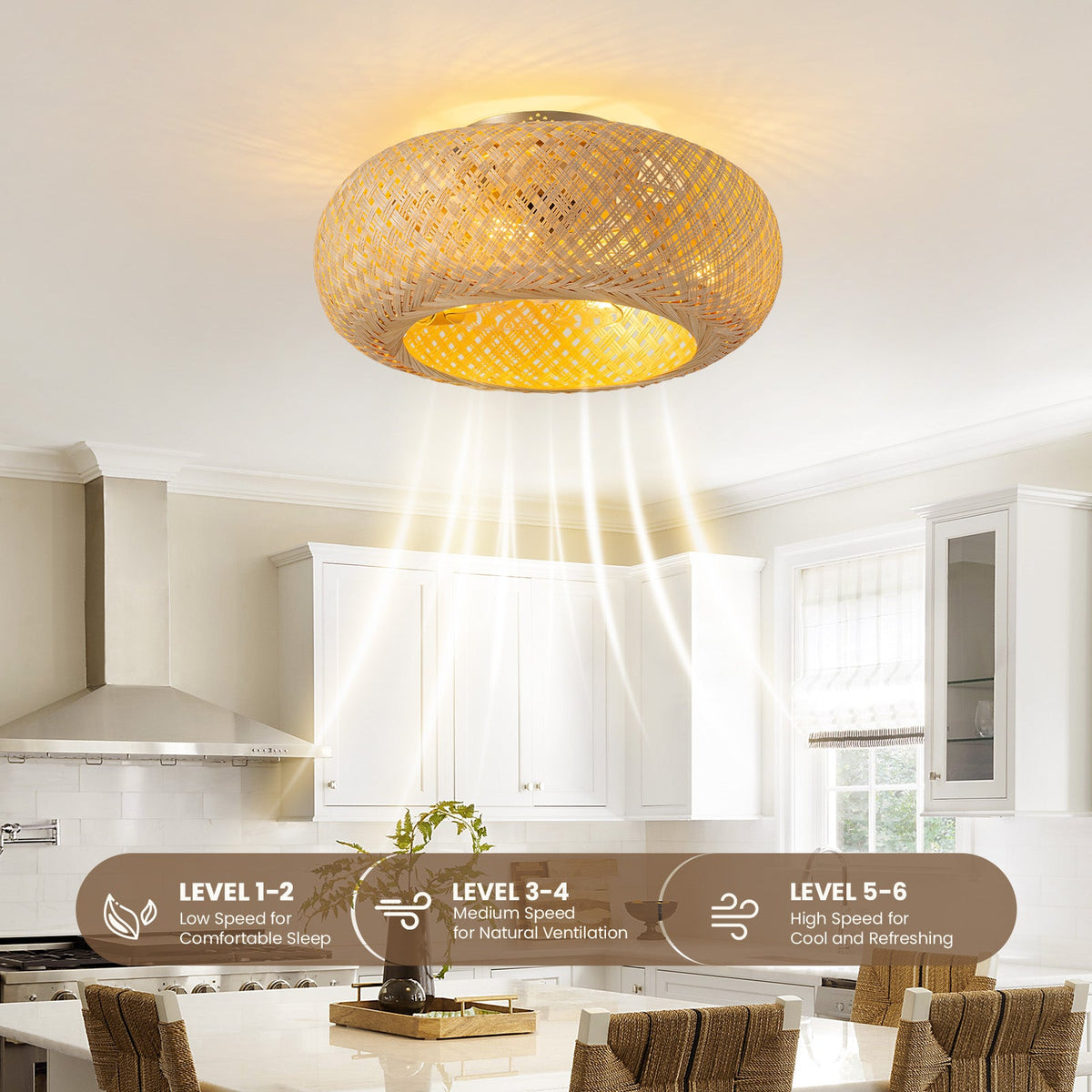 Bobo 20 in. Indoor Hand-Woven Bamboo Gold Drum Low Profile Ceiling Fan with Remote Included with Bulbs Not Included