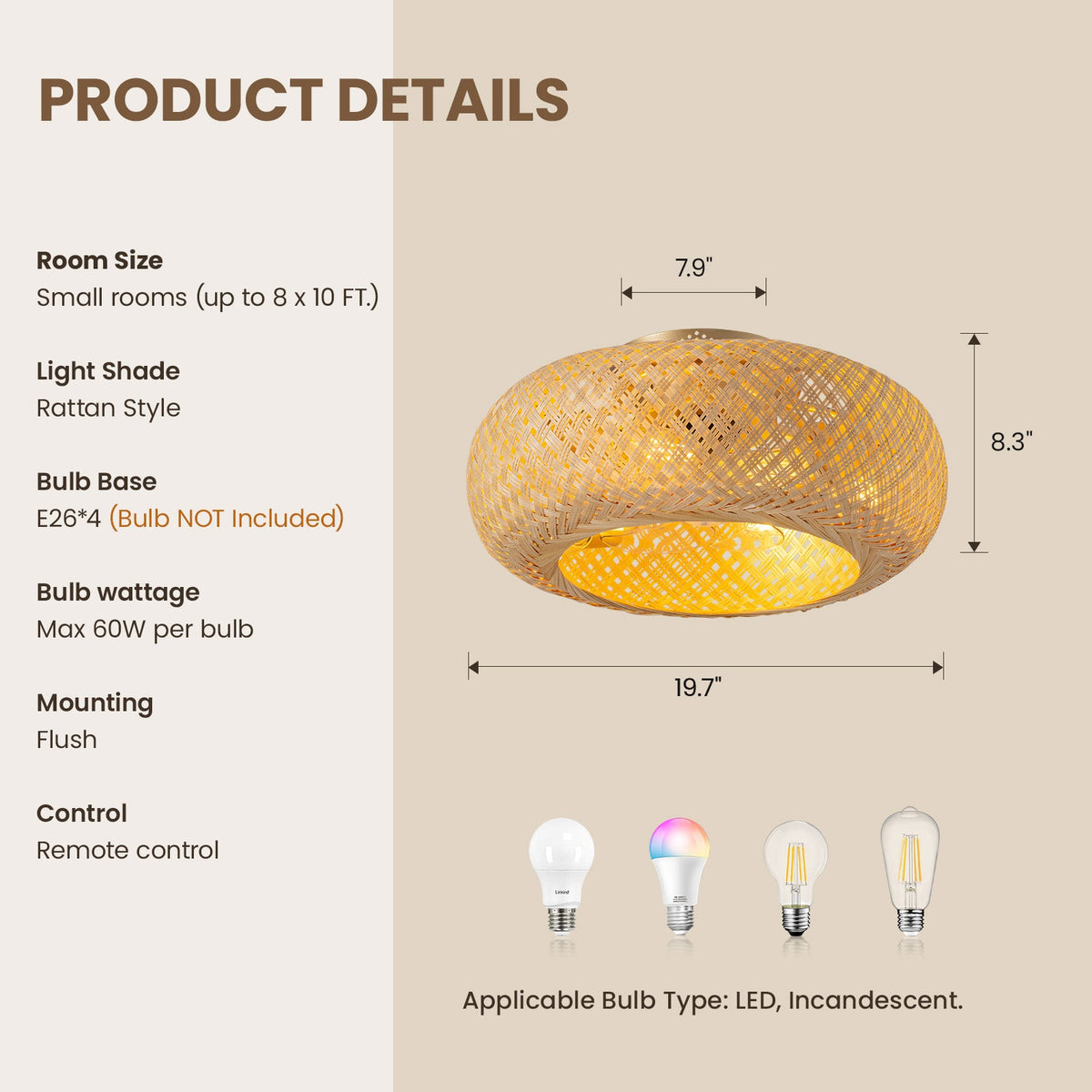 Bobo 20 in. Indoor Hand-Woven Bamboo Gold Drum Low Profile Ceiling Fan with Remote Included with Bulbs Not Included