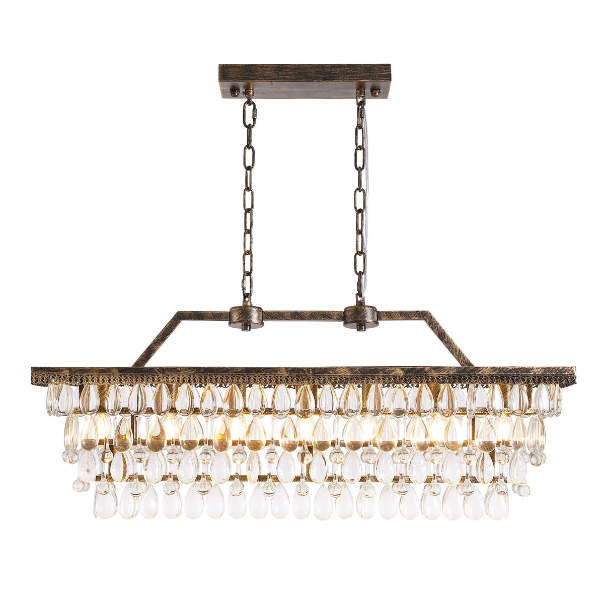 Lámpara de araña de cristal rectangular escalonada rústica vintage regulable de 7 luces con acabado en bronce antiguo
