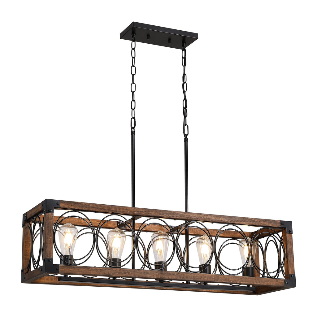 Lámpara de araña de madera maciza rectangular de estilo rústico moderno regulable de 5 luces