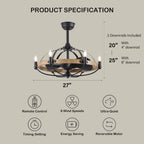 27in Farmhouse & Vintage Ceiling Fan with Light Remote Control, Rustic Chandelier Fan