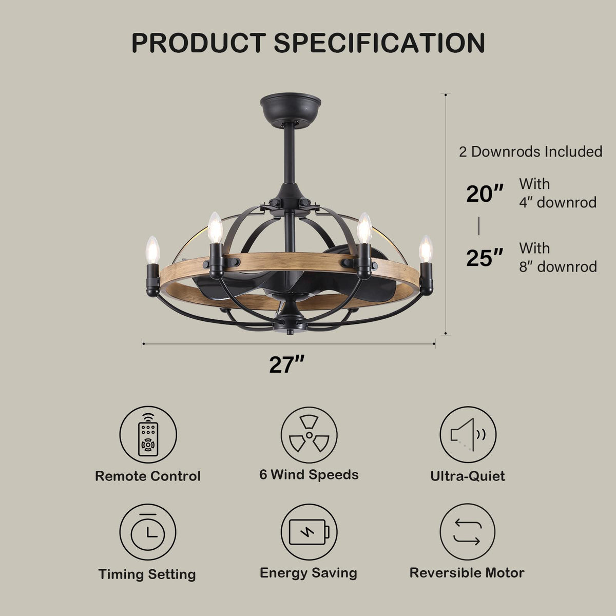 27in Farmhouse & Vintage Ceiling Fan with Light Remote Control, Rustic Chandelier Fan