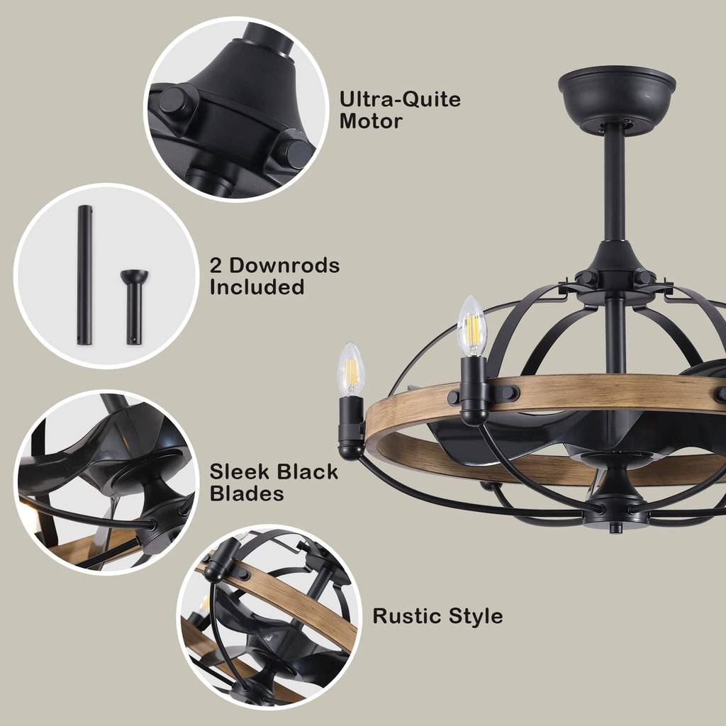 27in Farmhouse & Vintage Ceiling Fan with Light Remote Control, Rustic Chandelier Fan
