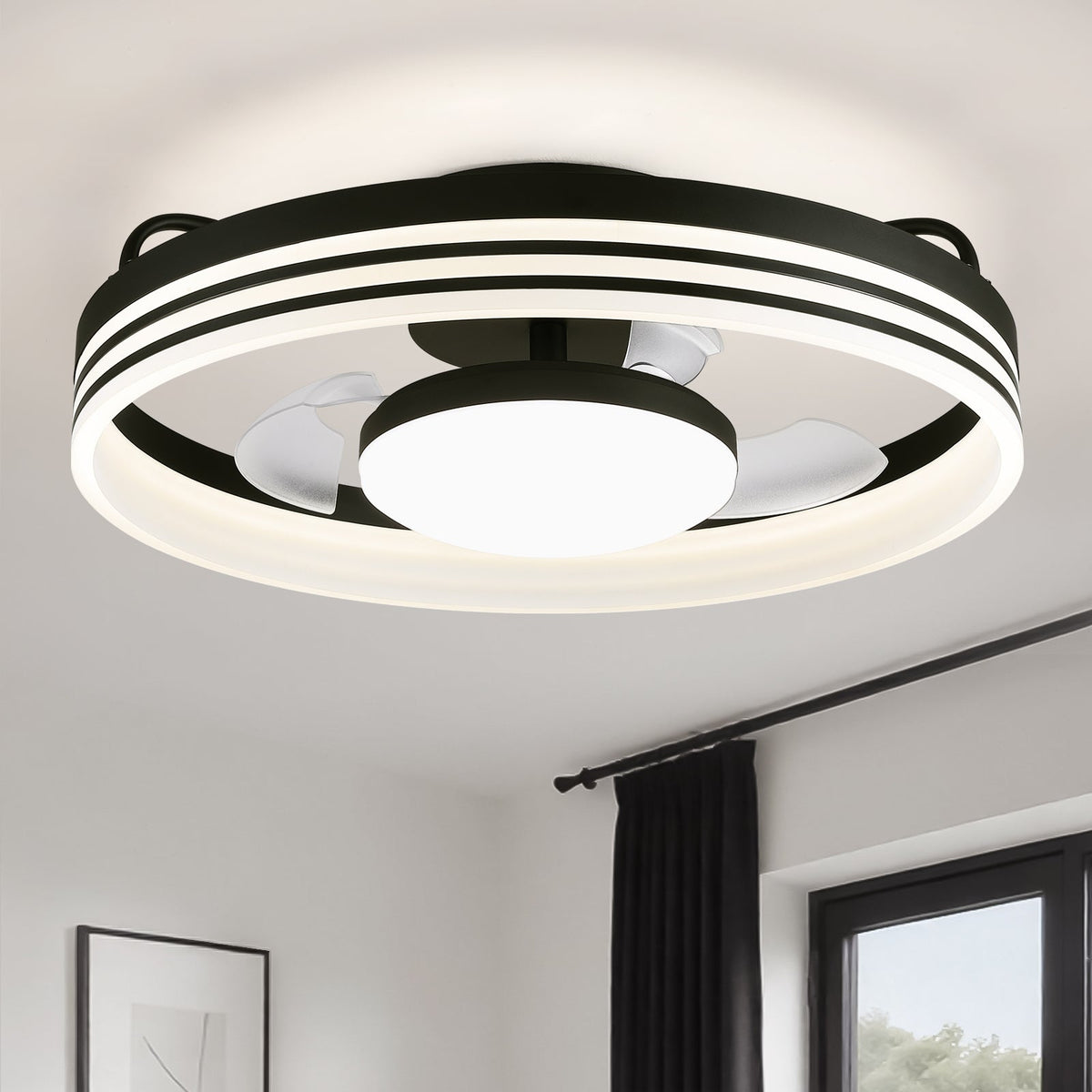 20in Smart Black Flush Mount Ceiling Fan with Light Dimmable Fandelier with Remote&App Control