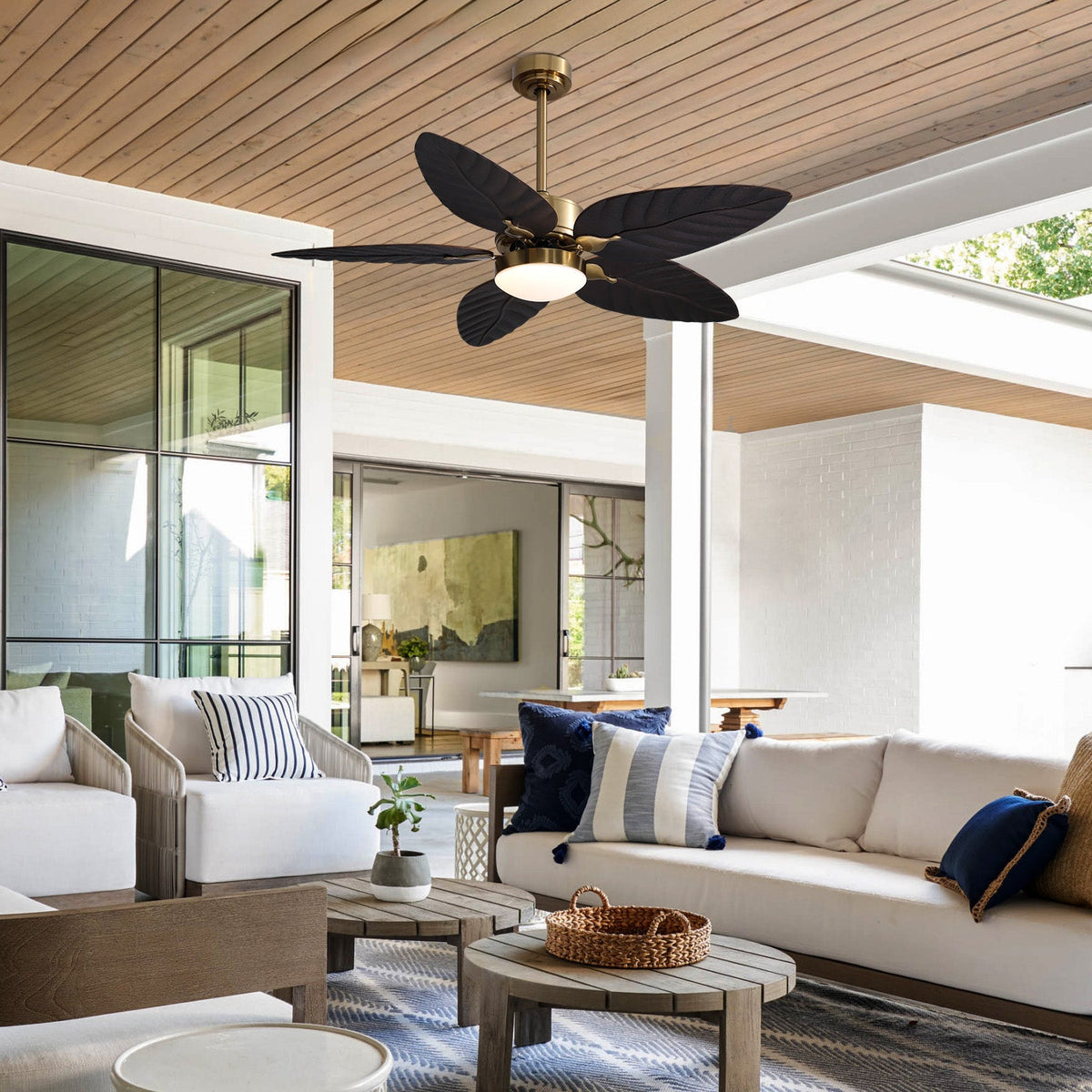 52in Smart Tropical Palm Blades Ceiling Fan with Dimmable Led