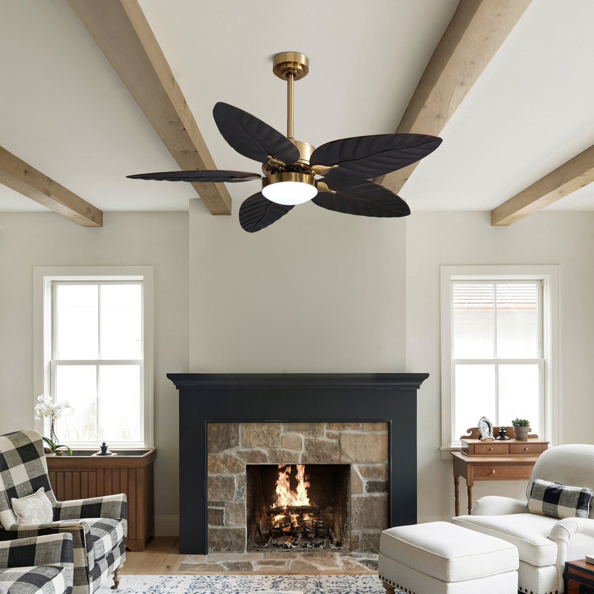 52in Smart Tropical Palm Blades Ceiling Fan with Dimmable Led
