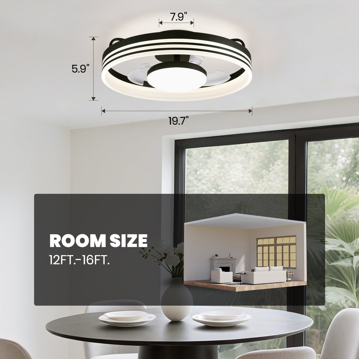 20in Smart Black Flush Mount Ceiling Fan with Light Dimmable Fandelier with Remote&App Control