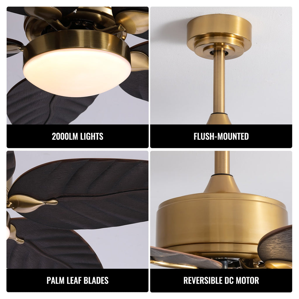 52in Smart Tropical Palm Blades Ceiling Fan with Dimmable Led