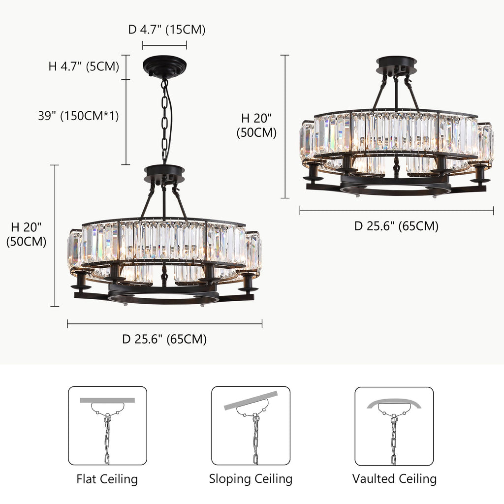 26" Modern 6-Light Farmhouse Crystal Drum Matte Black Wagon Wheel Chandelier Ceiling Semi Flush Mount