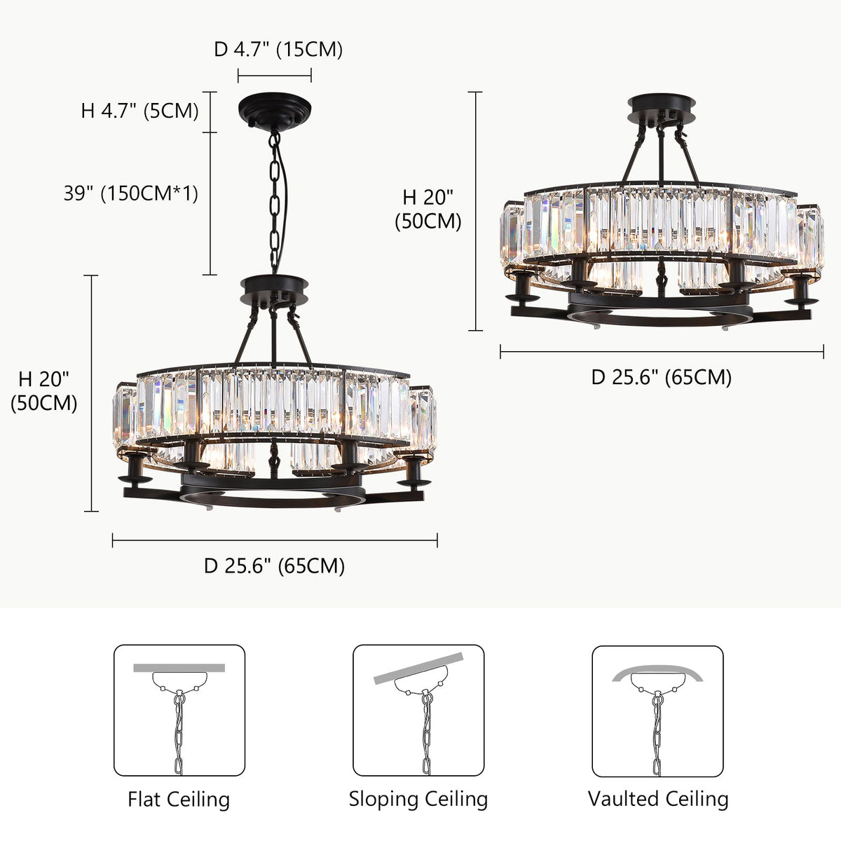 26" Modern 6-Light Farmhouse Crystal Drum Matte Black Wagon Wheel Chandelier Ceiling Semi Flush Mount