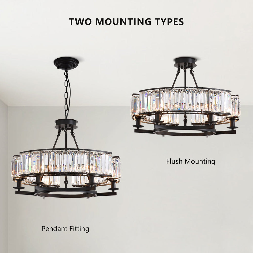 26" Modern 6-Light Farmhouse Crystal Drum Matte Black Wagon Wheel Chandelier Ceiling Semi Flush Mount